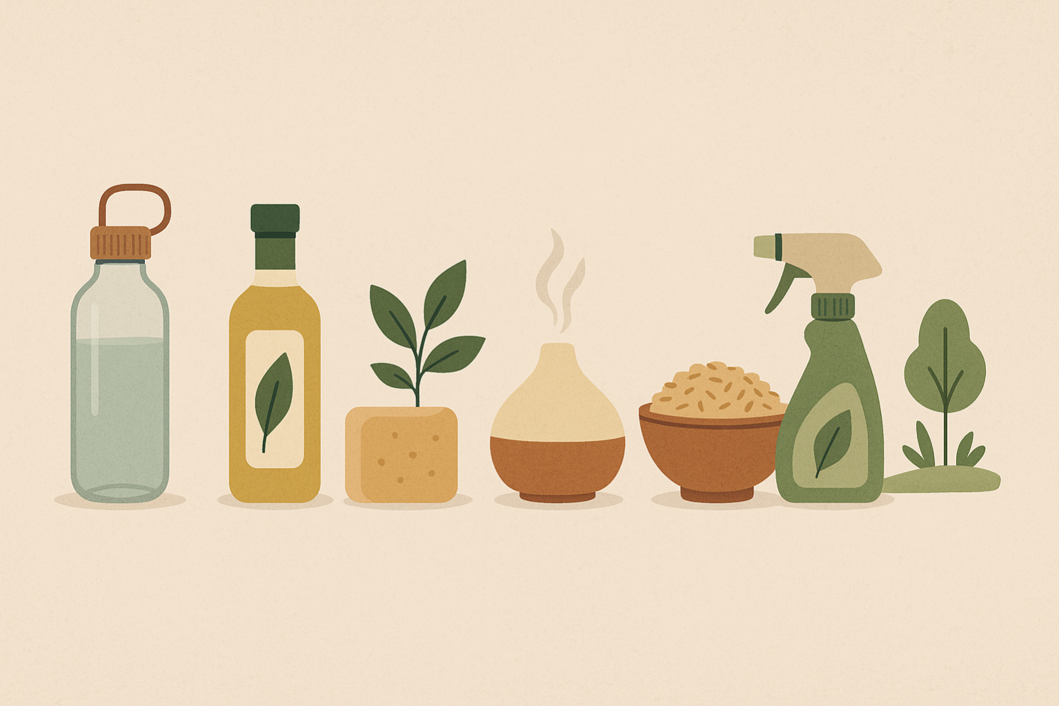 Minimalist illustration of eco-friendly lifestyle items including a reusable glass water bottle, cold-pressed oil bottle, herbal soap with a plant, es