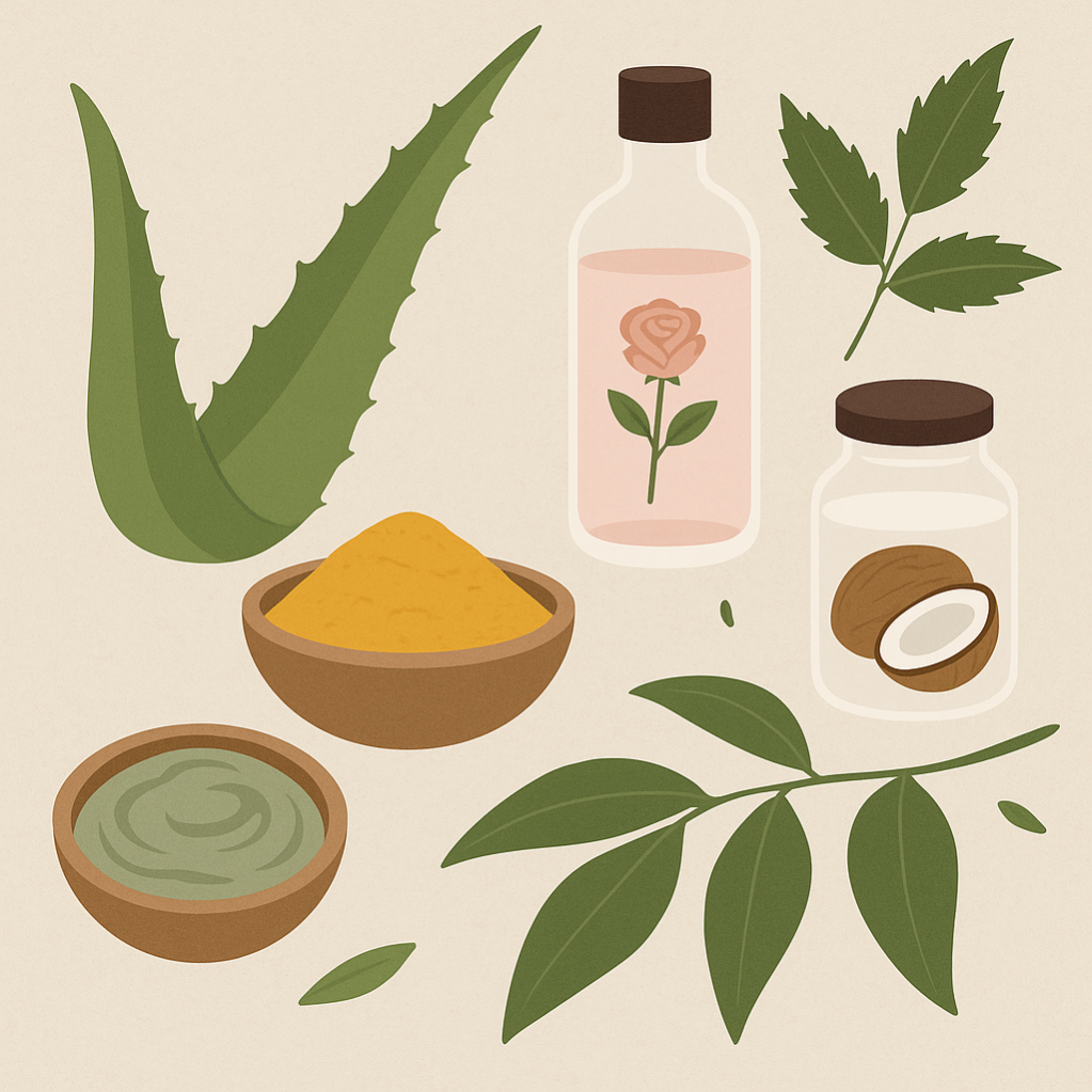 Illustration of organic skincare ingredients including aloe vera leaf, a bottle of rose water, a jar of coconut oil, neem leaves, a bowl of turmeric p