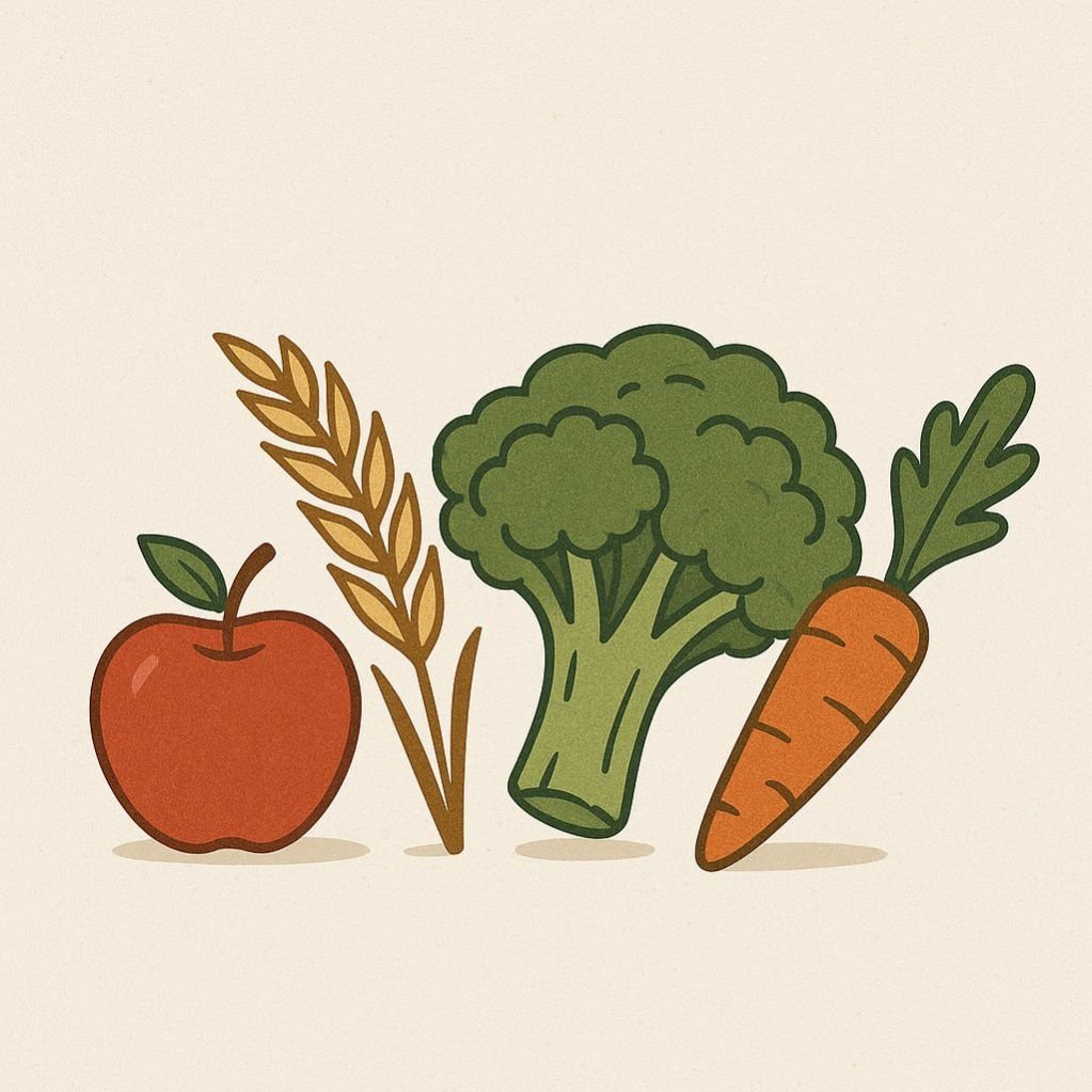 Illustration of fresh organic produce including an apple, wheat stalk, broccoli, and carrot on a textured beige background, representing healthy and n