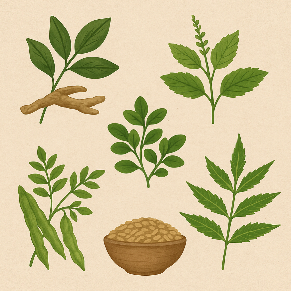 Digital botanical illustration of five healing herbs—Ashwagandha roots with leaves, Tulsi leaves, Brahmi plant, Moringa pods with leaves, and Neem lea
