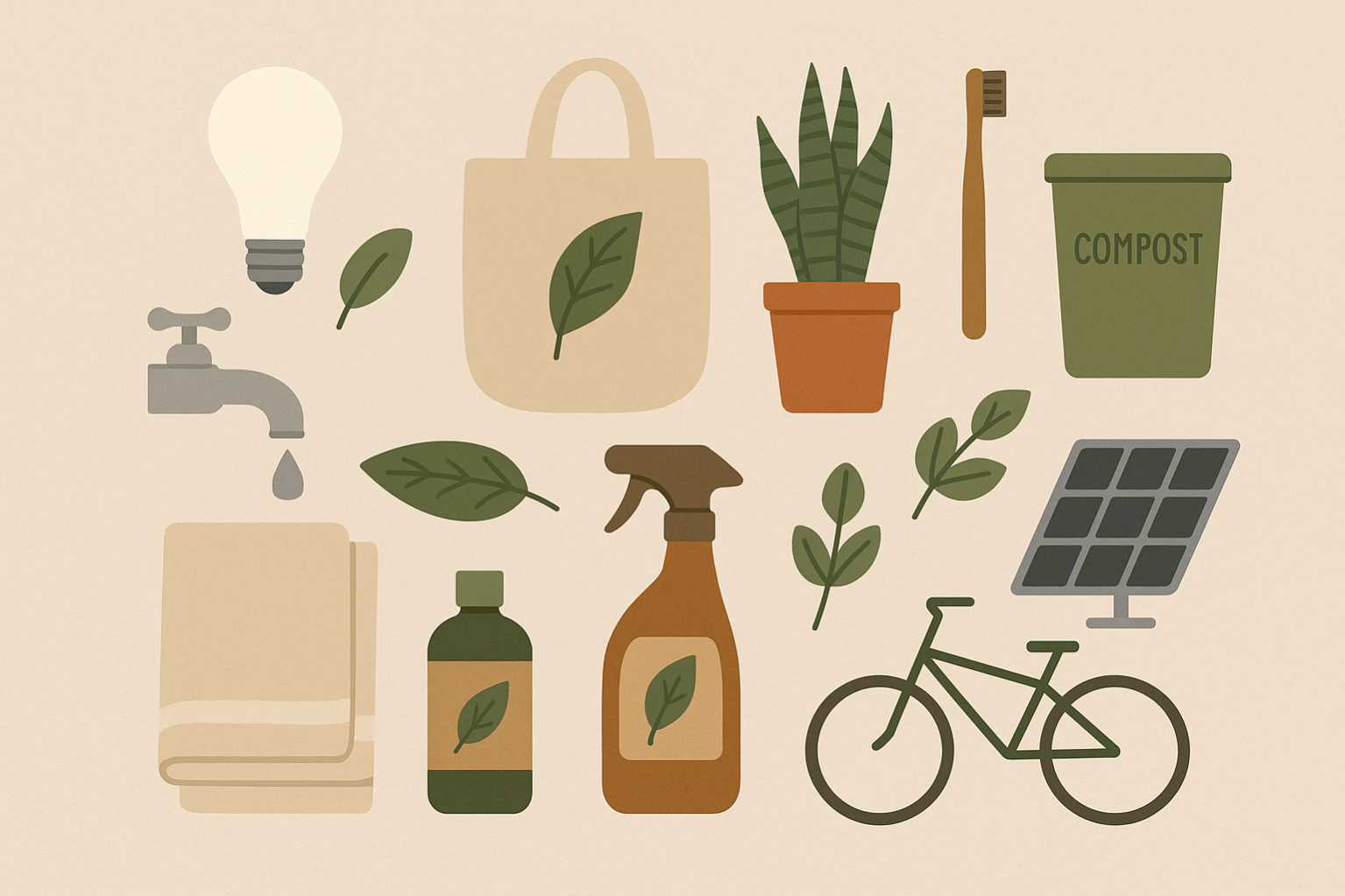 Flat digital illustration of eco-friendly household items including an LED light bulb, reusable shopping bag, potted plant, bamboo toothbrush, compost