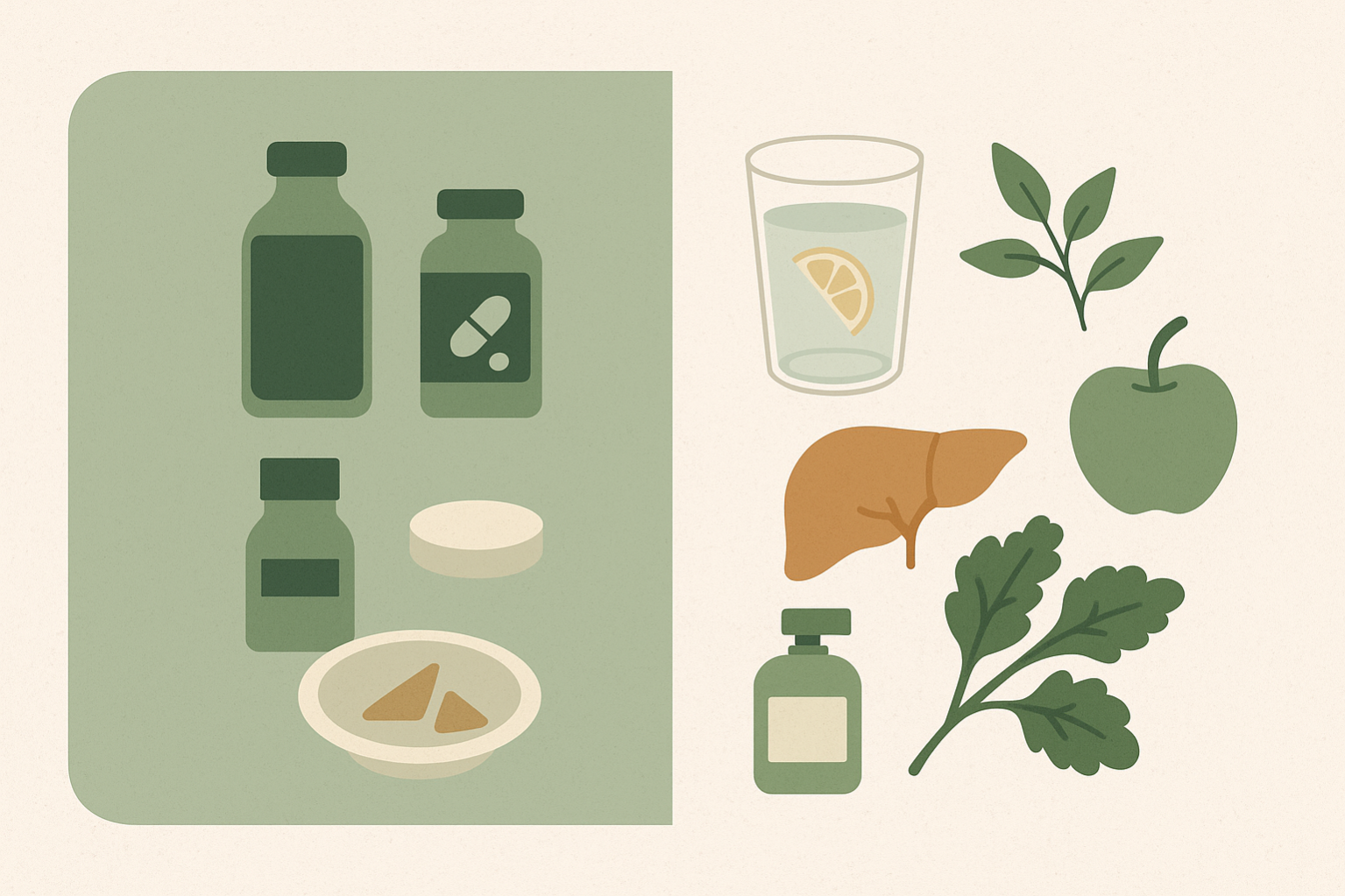 Split-screen digital illustration comparing detox myths and facts — the left side shows detox pills, bottles, and restricted food symbols; the right s